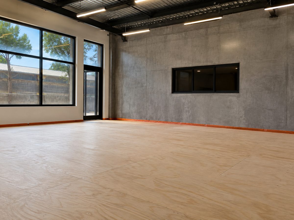 Dance studio with sprung-floor panels installed wall to wall, ready for the vinyl overlay