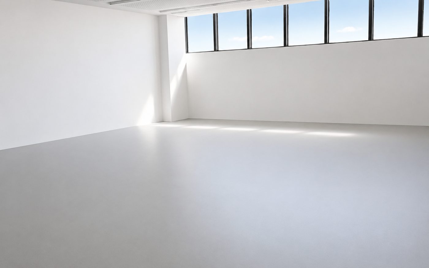 Drama room with a seamless grey vinyl overlay on a sprung floor, lit by high windows