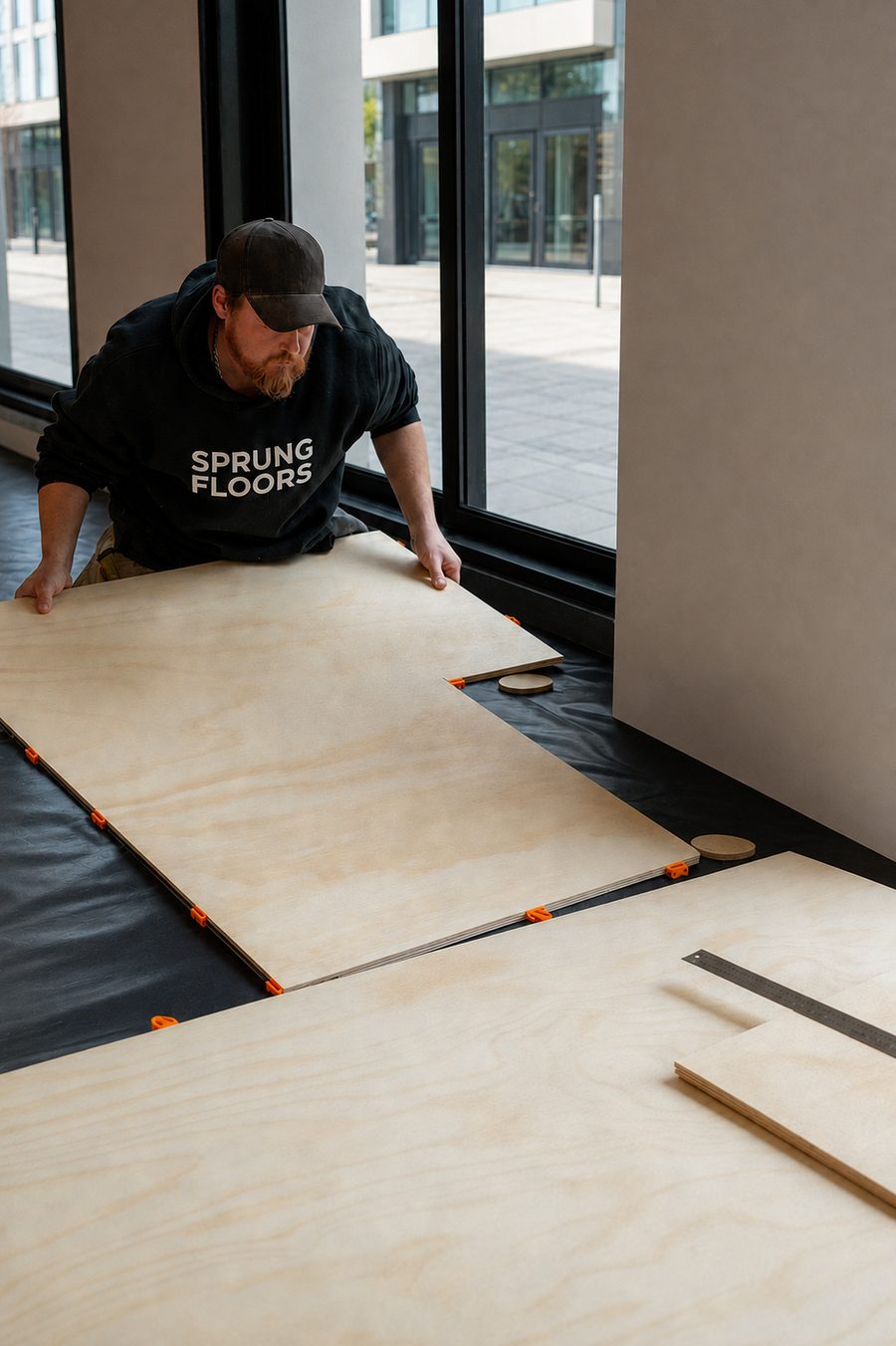 Installer positioning a prepared plywood panel over the moisture barrier, with panels and clips laid out across the room