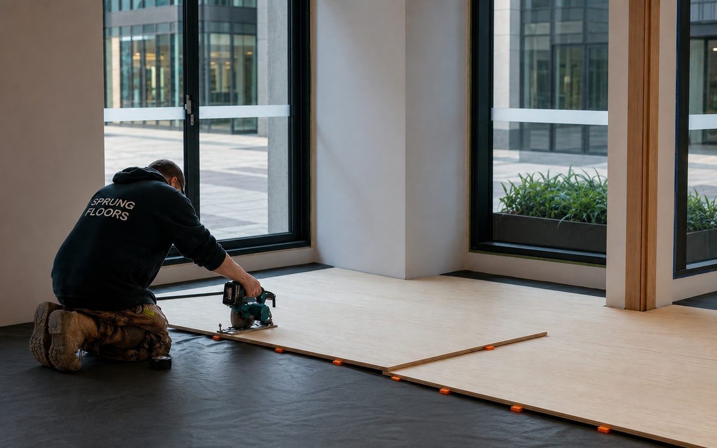 Installer fitting sprung-floor panels over the moisture barrier in an existing space